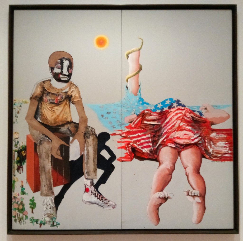 two figures under a sun. and what might be a small tree or post of column in the background, plan gray background otherwise. on the left, young looking brown skinned boy, on the right, genderless figure lying feet to the camera under an american flag. artist unknown